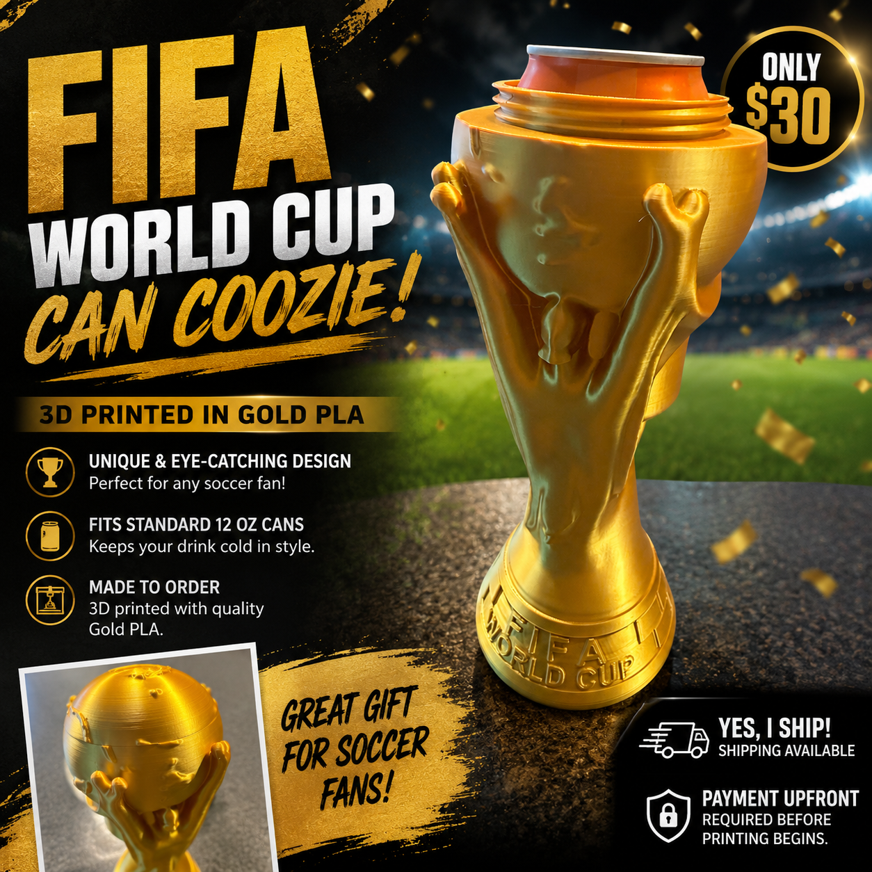FIFA World Cup Trophy Can Coozie – Gold PLA | 3D Printed